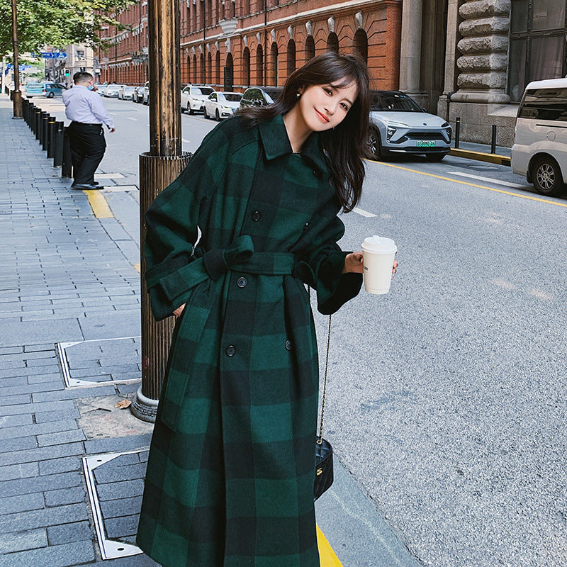 French Green Plaid Woolen Coat