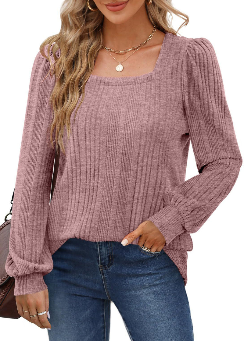 Sunken Stripe Square Collar Fashion Casual Long Sleeve Top - WOMONA.COM