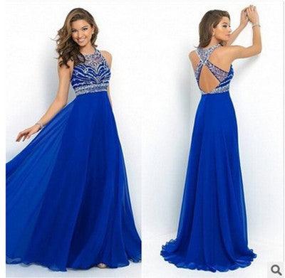 Blue bandage dress with lace-pattern bodice, sleeveless full-length front view