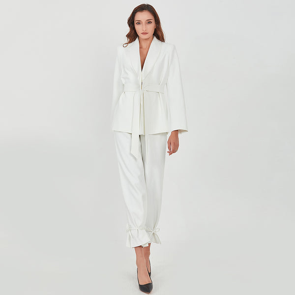 Women's White Lace Up Suit Top Wide Leg Pants - WOMONA.COM