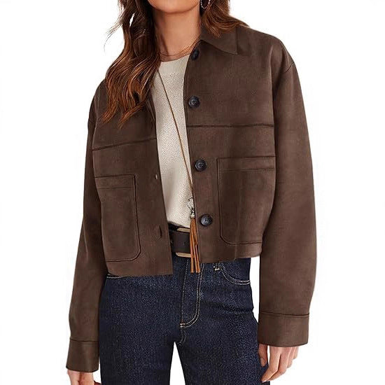 Dark brown faux suede short jacket with snap buttons and chest patch pockets