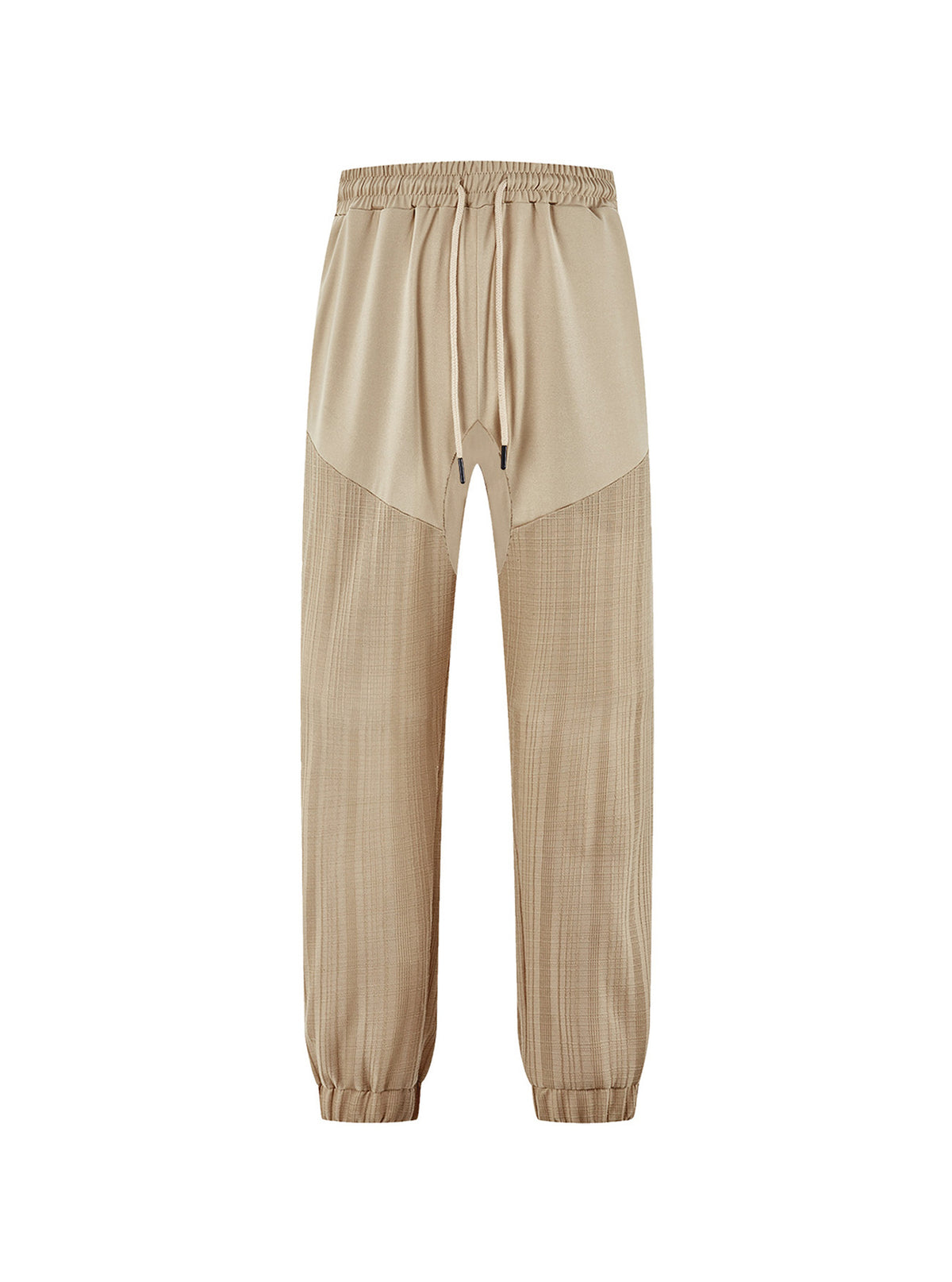 Khaki jogger sweatpants with elastic waist and drawstring; tapered cuffed legs