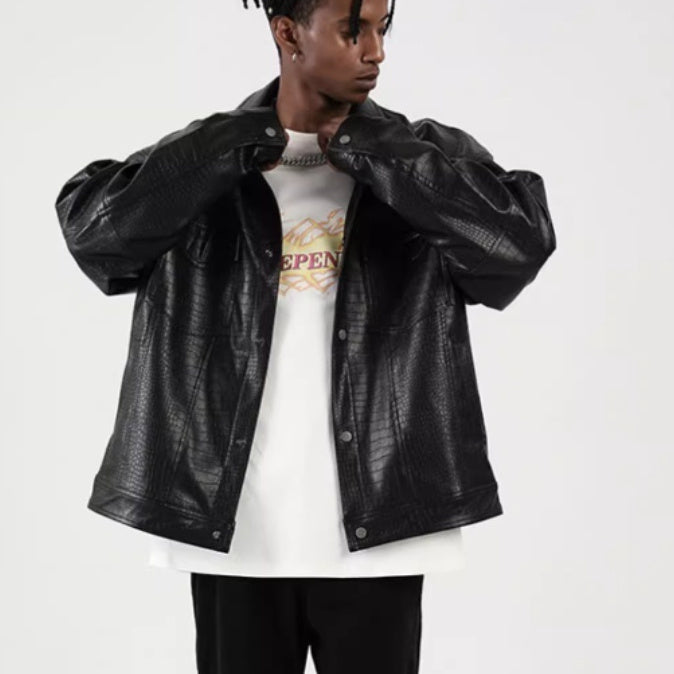 Unisex Relaxed Faux-Leather Biker-Style Jacket - product view 1