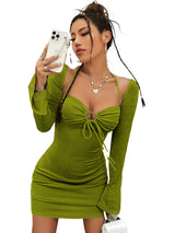 Women's Fashion Hollowed-out Tied Long Sleeves Hip Dress - WOMONA.COM