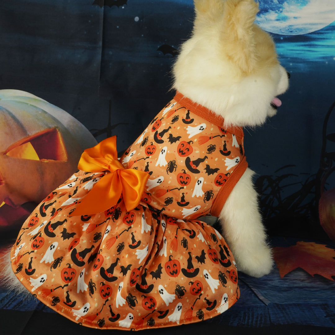 Orange pet Halloween dress with pumpkin, ghost and bat pattern, orange bow at waist