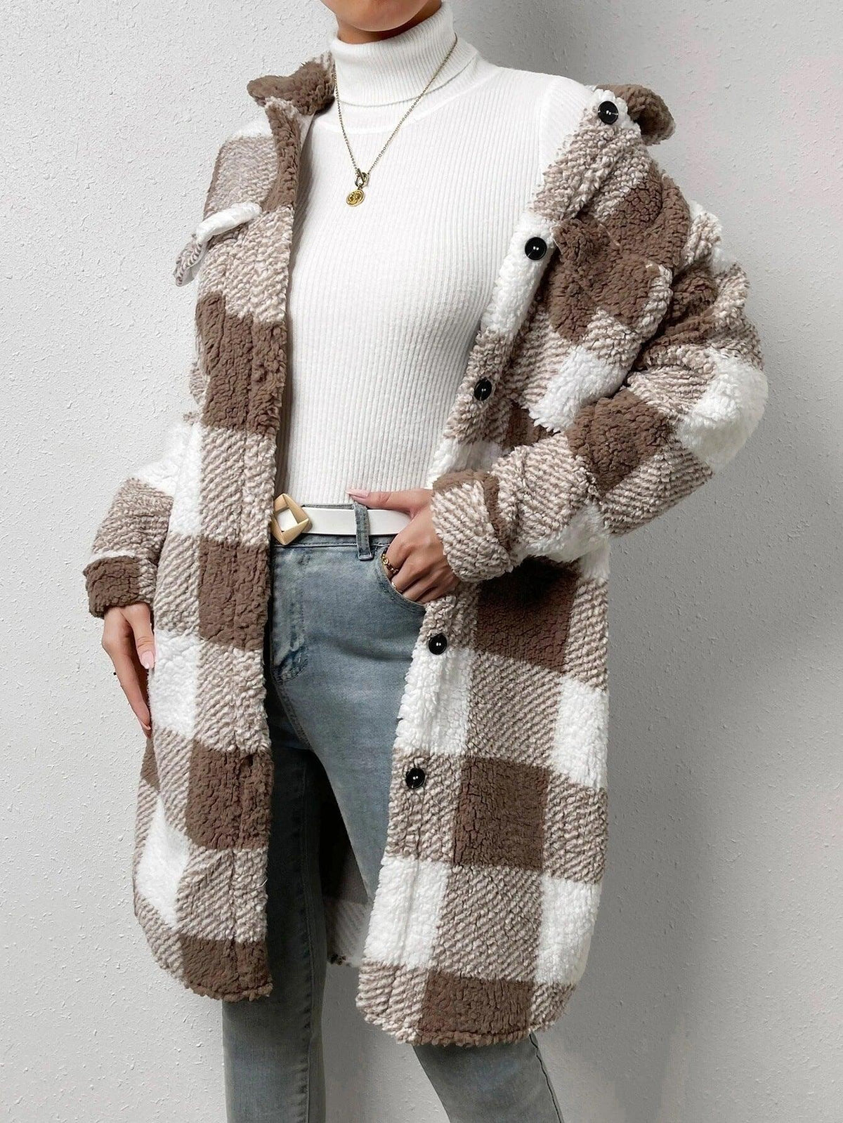 Brown and white plaid plush coat with lapel, button front, and long loose sleeves