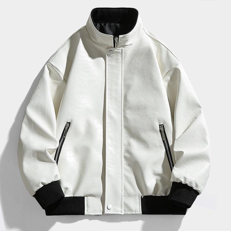 White stand-collar leather-look zip jacket with black cuffs and two front zip pockets
