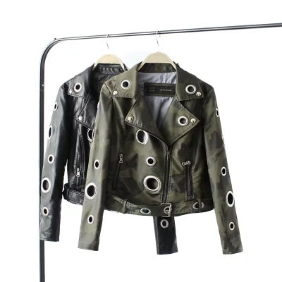 Hollow loop leather motorcycle biker jacket - WOMONA.COM