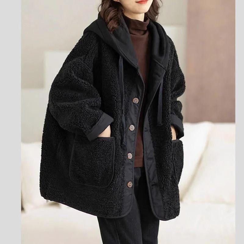 Fleece-lined hooded short jacket in black, button front and large side patch pockets