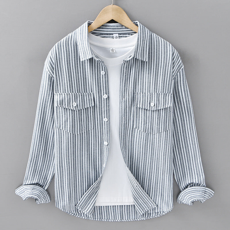 Blue-gray striped long-sleeve casual shirt with button front and chest flap pockets