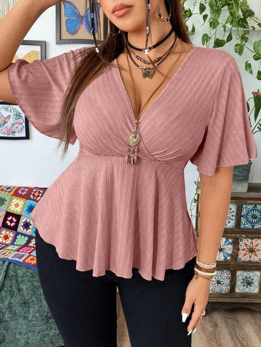 Women’s dusty rose V-neck short-sleeve peplum top with front button detail