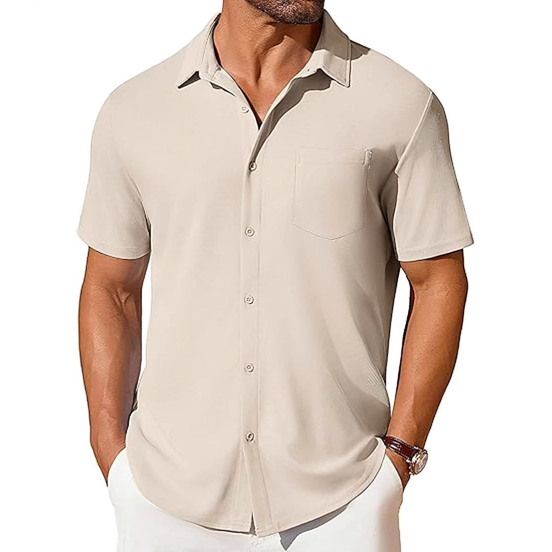 Light cream short-sleeve button-up shirt with pointed collar, button front, chest pocket