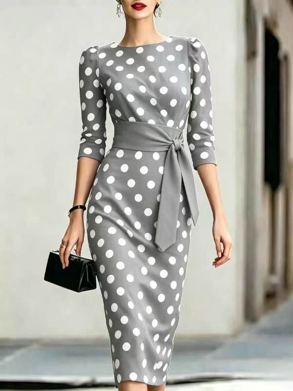 Women's polka-dot tie-waist bodycon midi dress