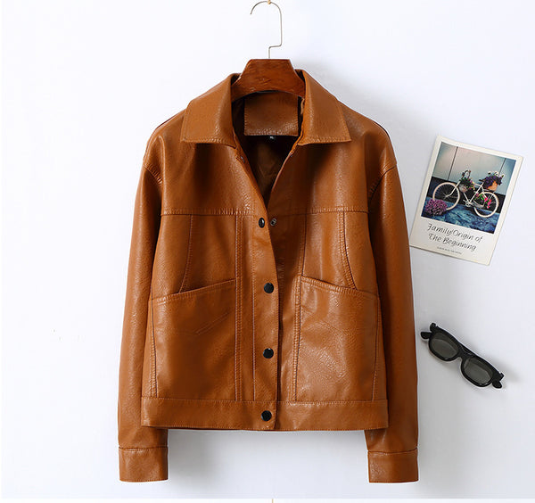 Women's Lapel Short Small Leather Coat - WOMONA.COM