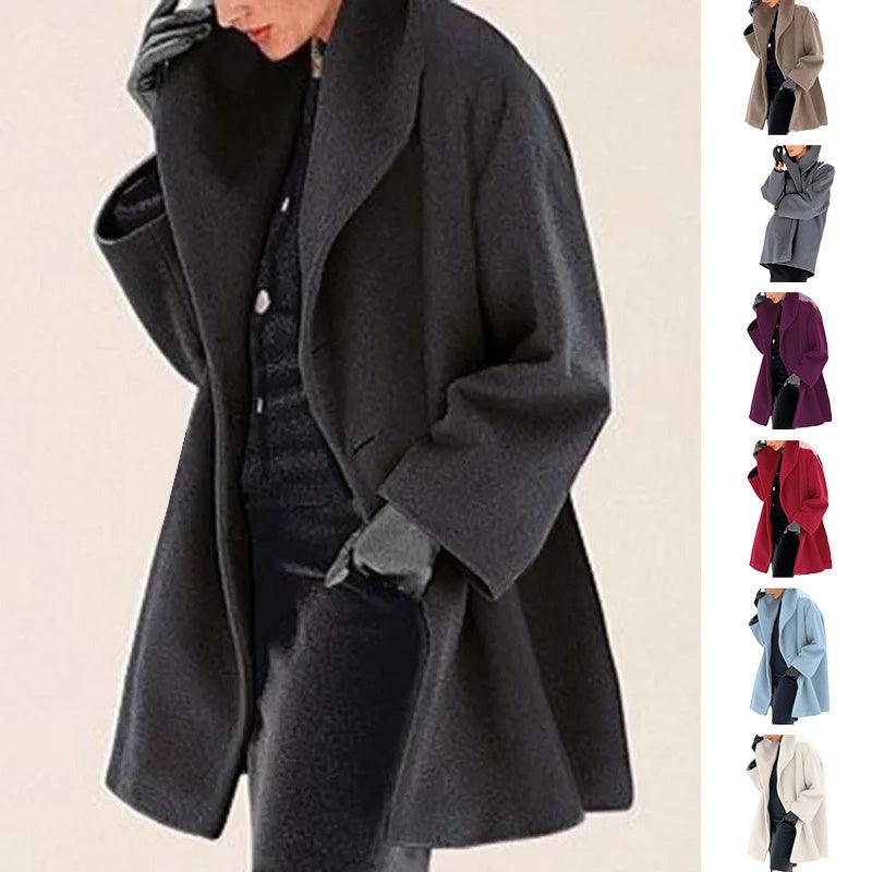 Black woolen coat with lapel collar, long sleeves, open front, hip-length hem