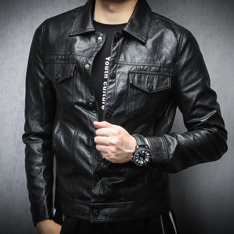 Men's black leather-look biker jacket with button-front, chest pockets, and ribbed cuffs