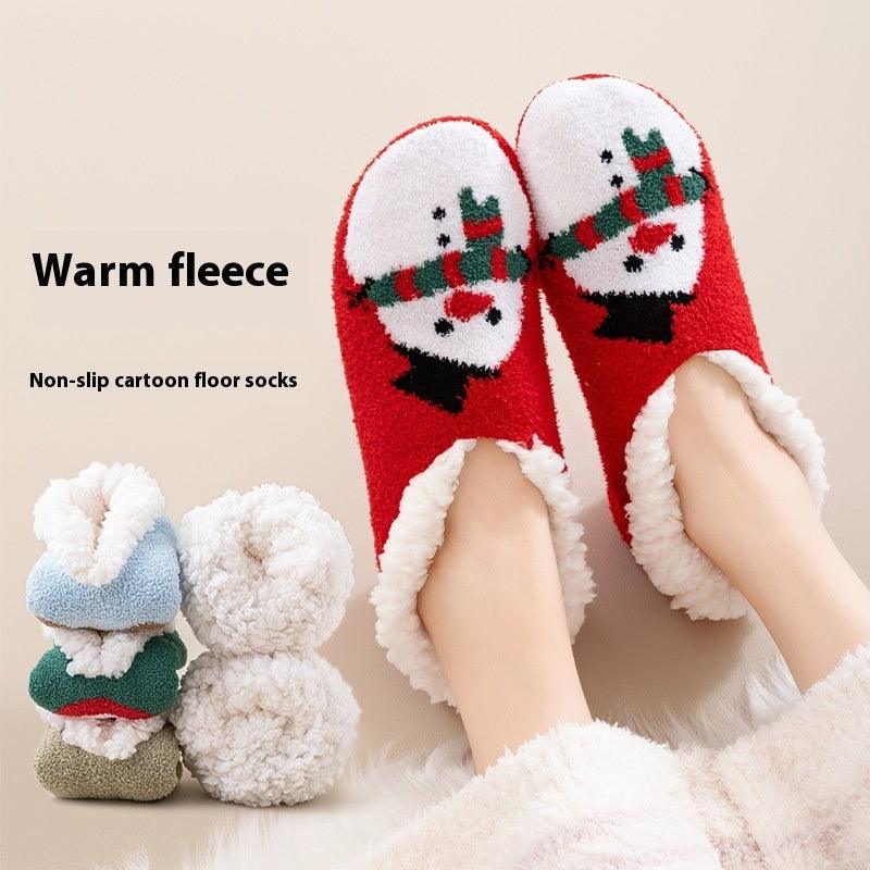 Non-slip lambswool socks with red snowman faces, fuzzy white cuff and sole