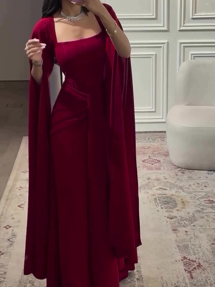 Burgundy Square-Neck Cape Maxi Dress – product image 1