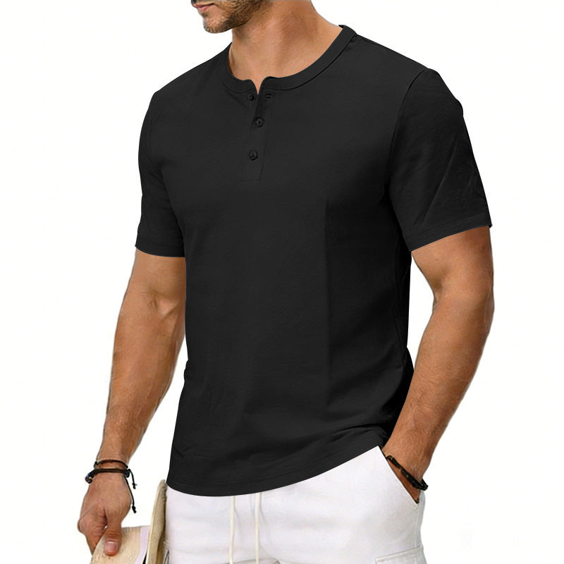 Men's black crew-neck henley T-shirt with short sleeves and button placket, side view