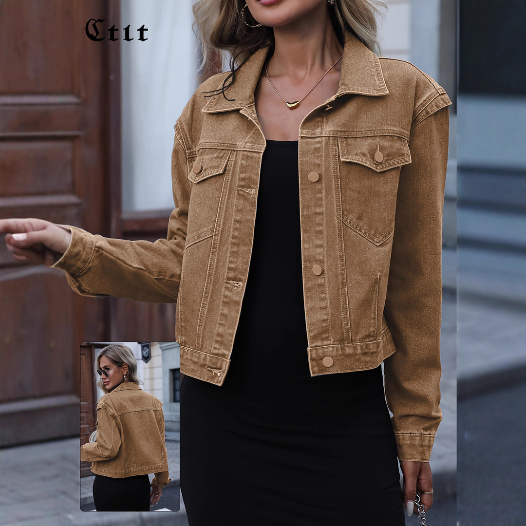 Tan washed short denim jacket with button front and flap chest pockets.