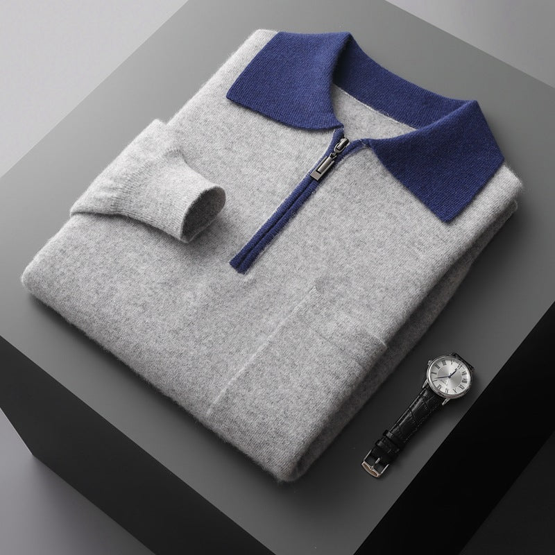 Wool Knitted Half-open Polo Long-sleeved Fleece Sweater - WOMONA.COM