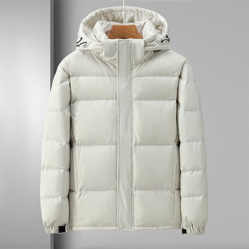 Men's hooded down jacket, light color, full-zip front and padded baffles