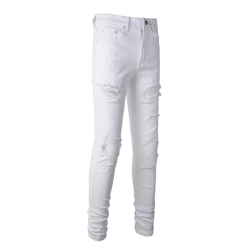 White Patch With Holes In Elastic Small Leg Jeans For Men - WOMONA.COM