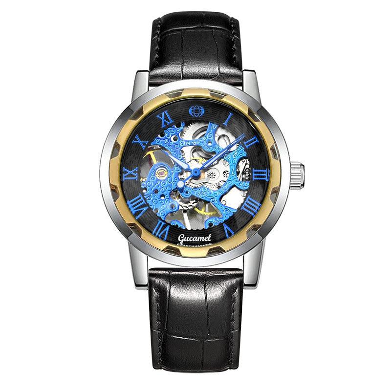 Mechanical skeleton watch with blue movement, black leather strap, gold bezel