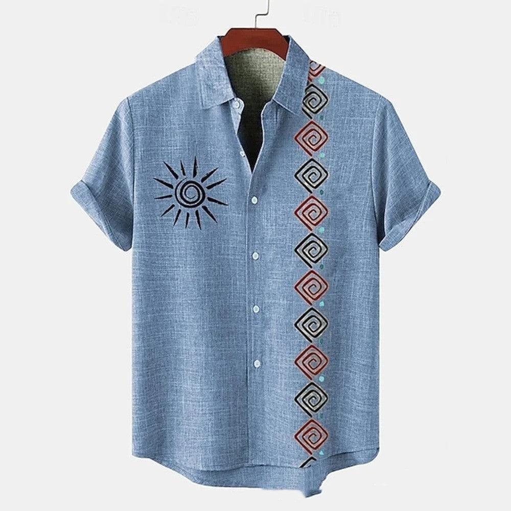 Men’s button-front short-sleeve shirt in light blue, sun chest print with side diamond pattern