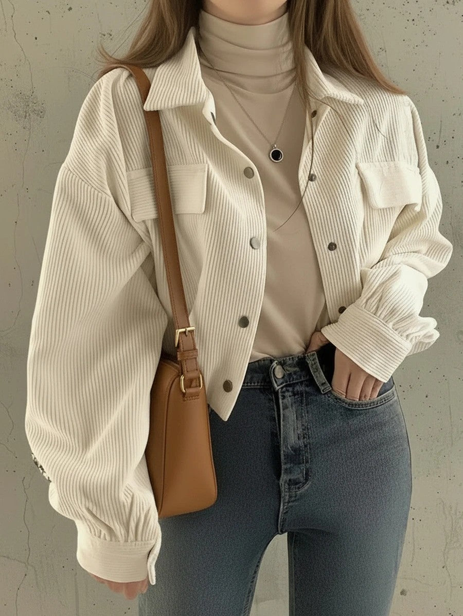 Women’s lapel corduroy jacket in light cream, snap buttons, chest pockets, long balloon sleeves