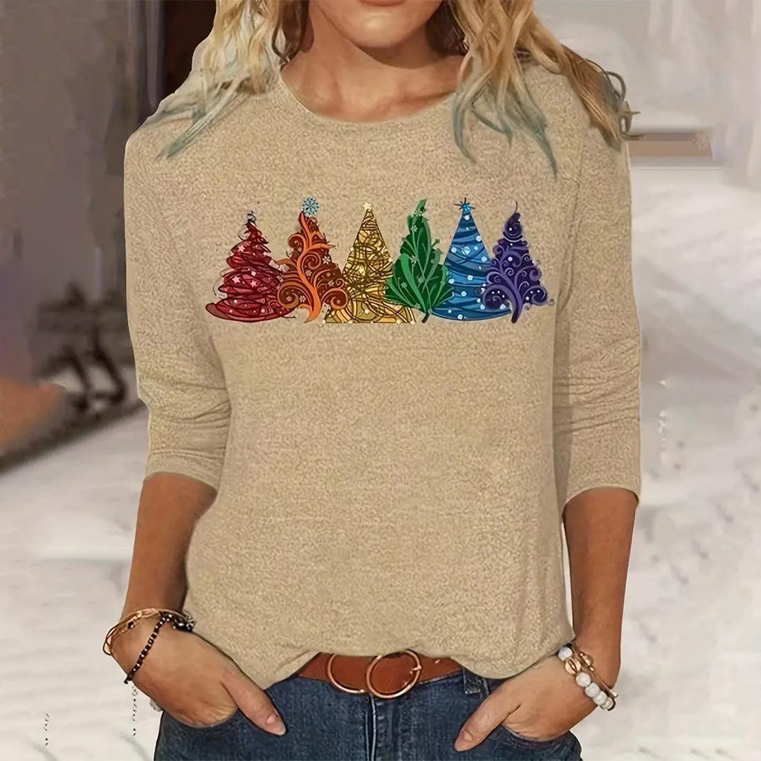 Women's long-sleeve T-shirt in oatmeal with colorful Christmas tree graphic