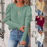 Jacquard Round Neck Gigot Sleeve Knitted Sweater - WOMONA.COM