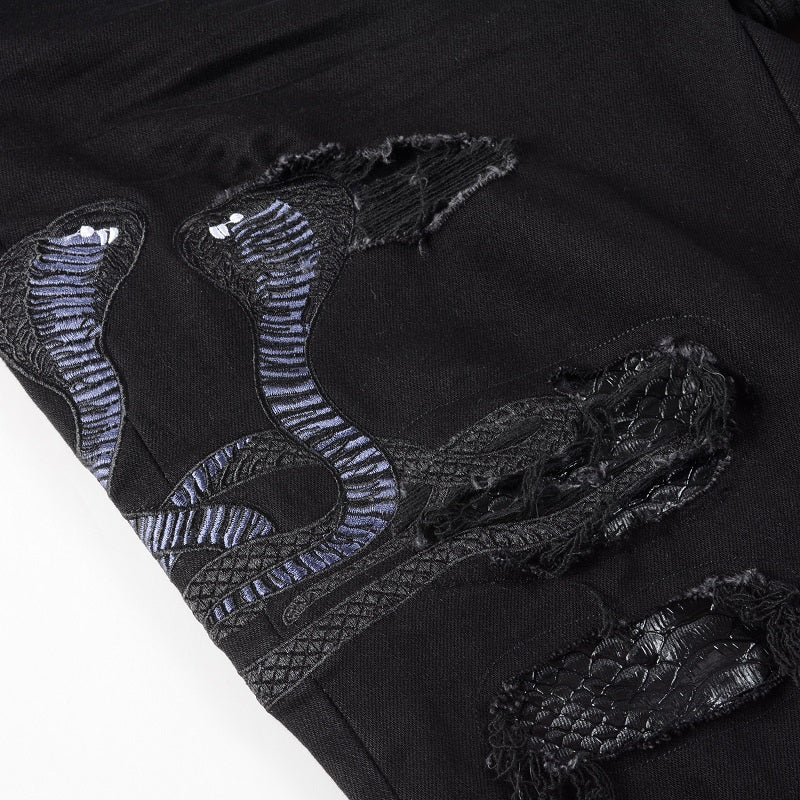 Broken Three Headed Snake Embroidery Patchwork Jeans - WOMONA.COM