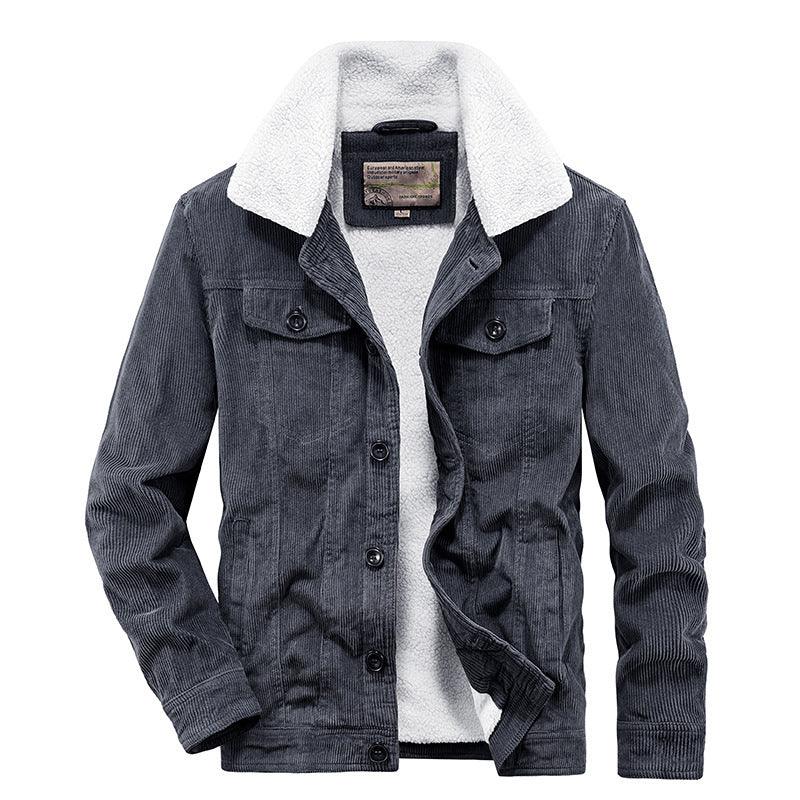 Men's corduroy jacket in dark gray with sherpa collar lining and button-up front with flap pockets