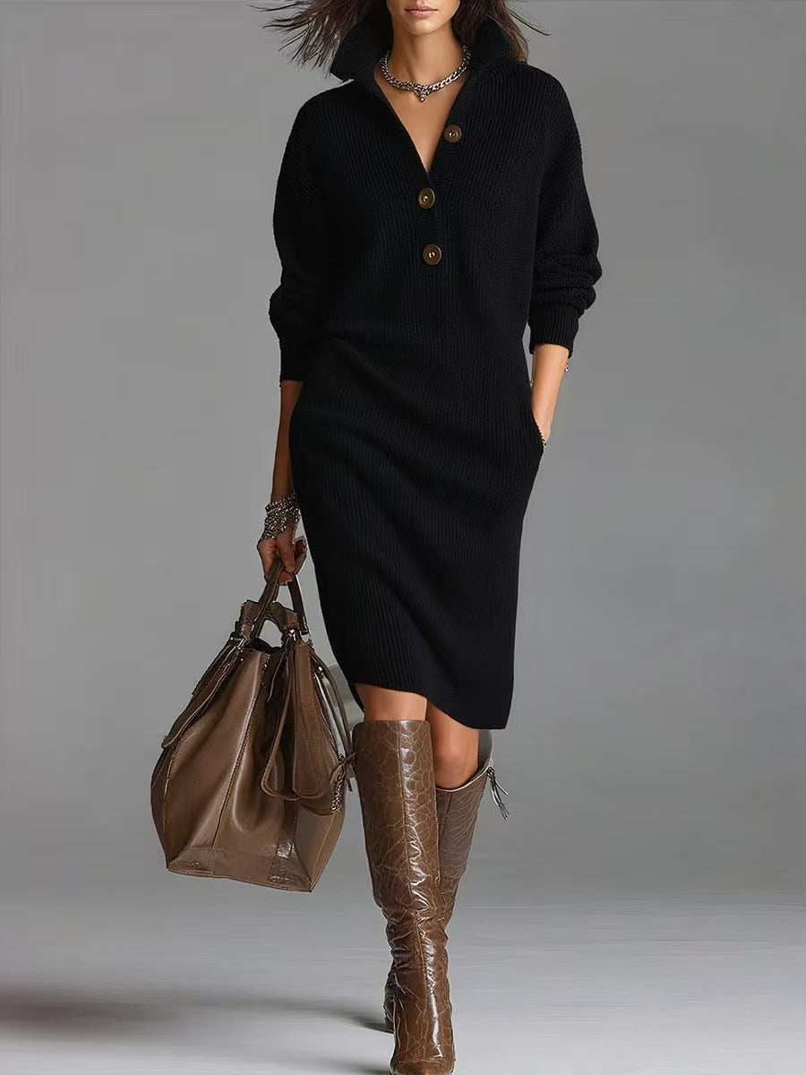 Women’s sweater dress, black knit, button-front and stand-up collar, long sleeves