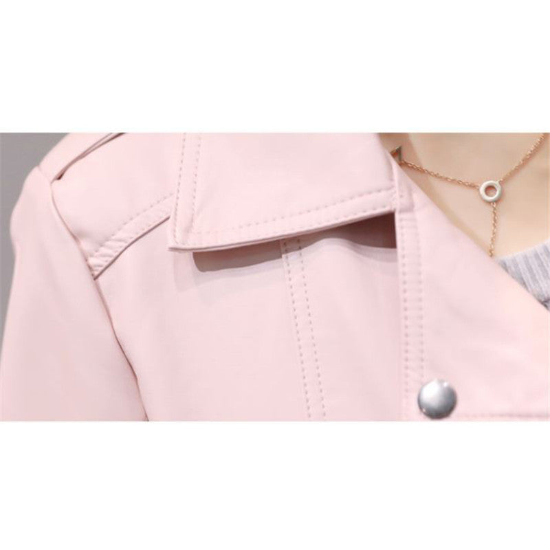 Women's short slim pink leather jacket - WOMONA.COM