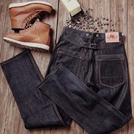 High-waist raw denim selvedge jeans, dark wash, five-pocket design