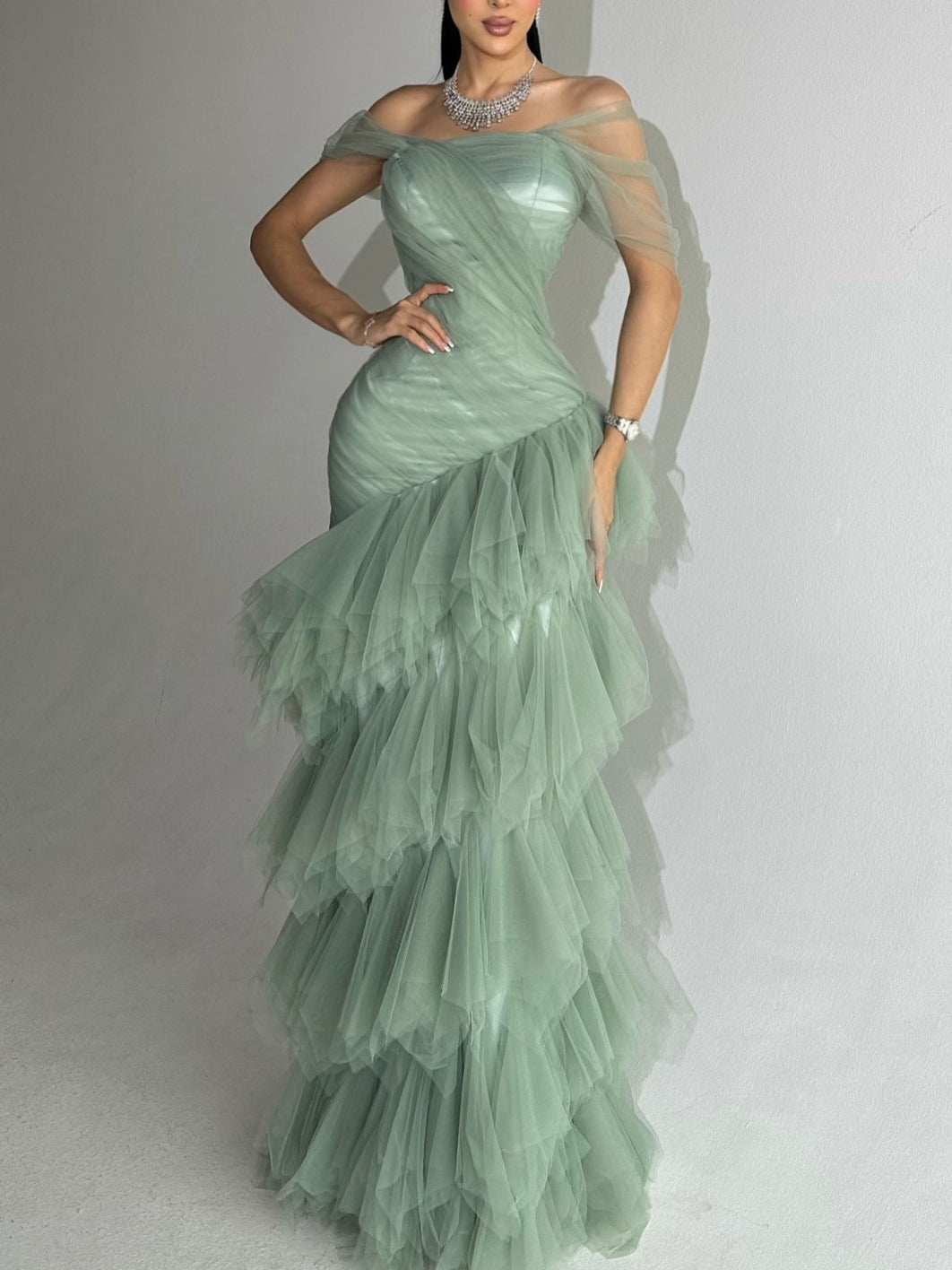 Light Green Strapless Mermaid Dress With Layered Tulle Skirt