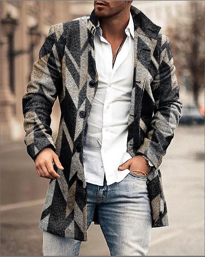 Fall Winter Men Woolen Stand Collar Mid-length Pocket Casual Coat