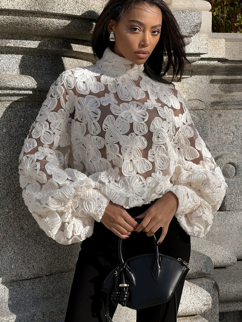 White Floral Pearl-Texture Shirt – product image 1