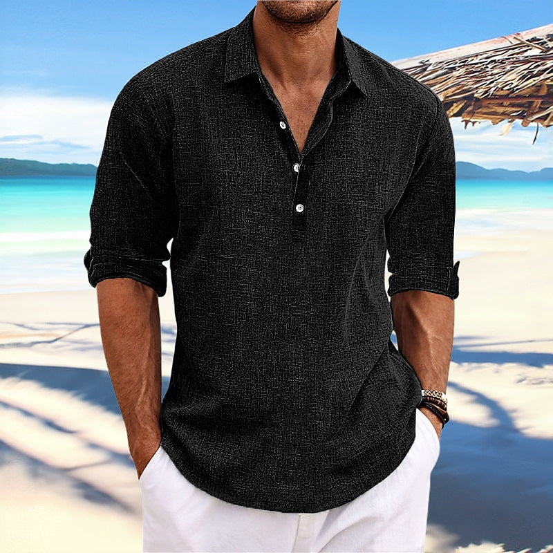 Men's short-sleeve button-up shirt, black, turn-down collar and 4-button placket.