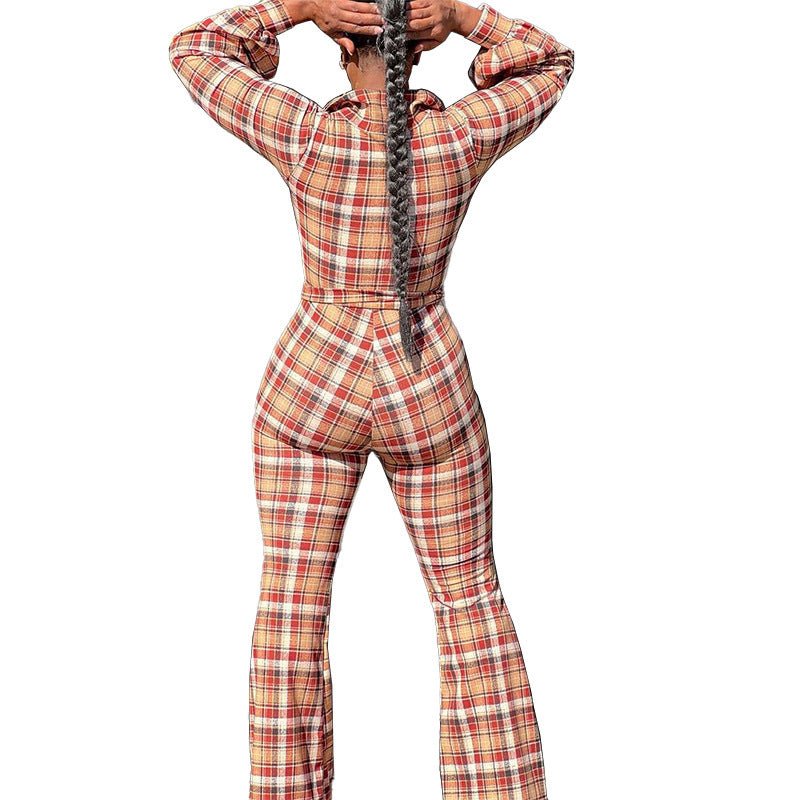 Fashion Women's Wear Long Sleeve Printed Checks Suit - WOMONA.COM