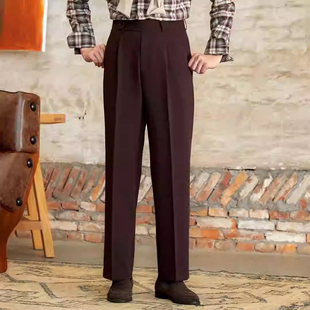 Dark plum high-waist wide-leg trousers with smooth front and straight wide legs