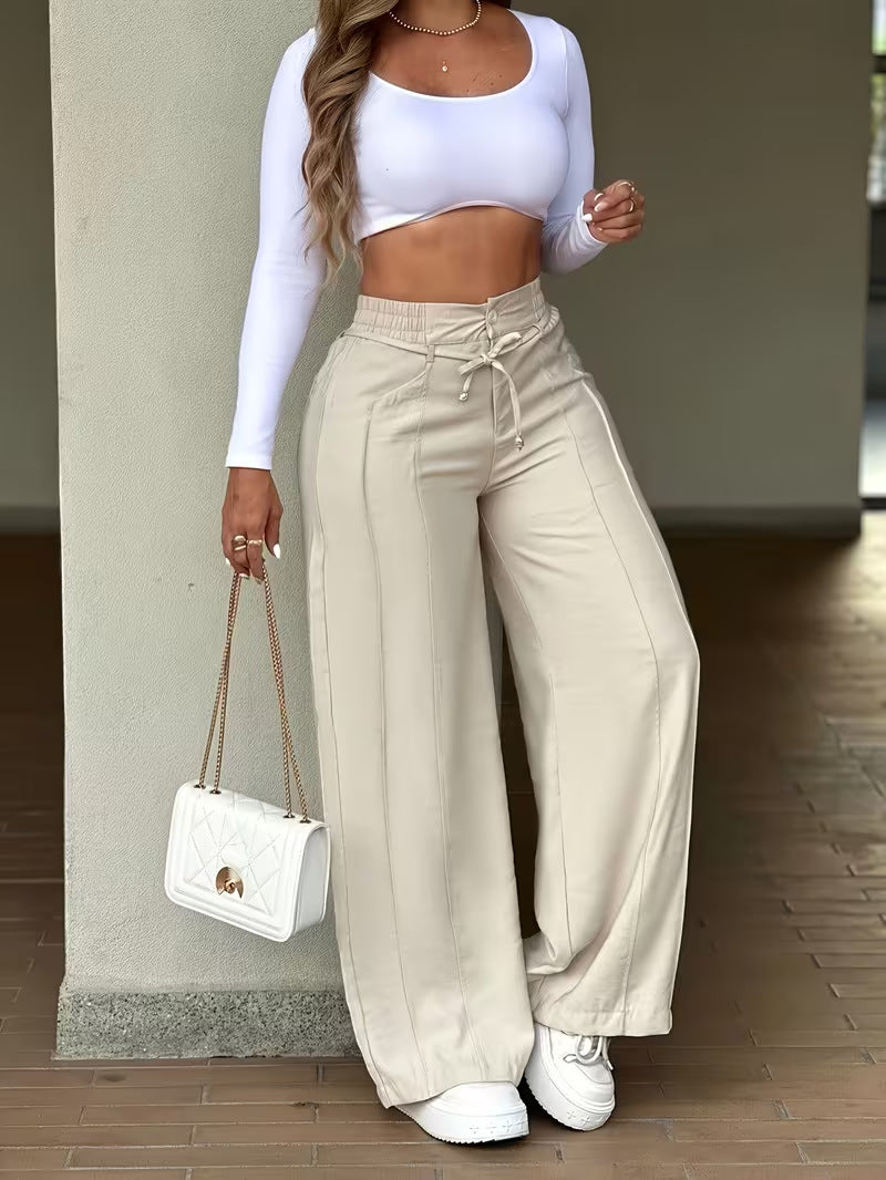 High-waist drawstring wide-leg pocket pants