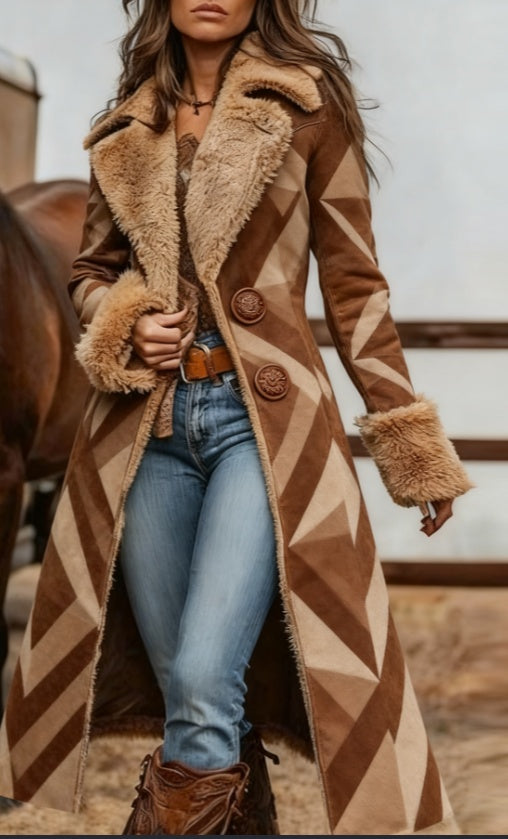 Women’s long wool overcoat with tan-and-brown geometric panels and faux fur collar