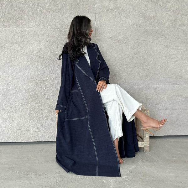 Contrast Color Open Line Denim Long Trench Coat - WOMONA.COM