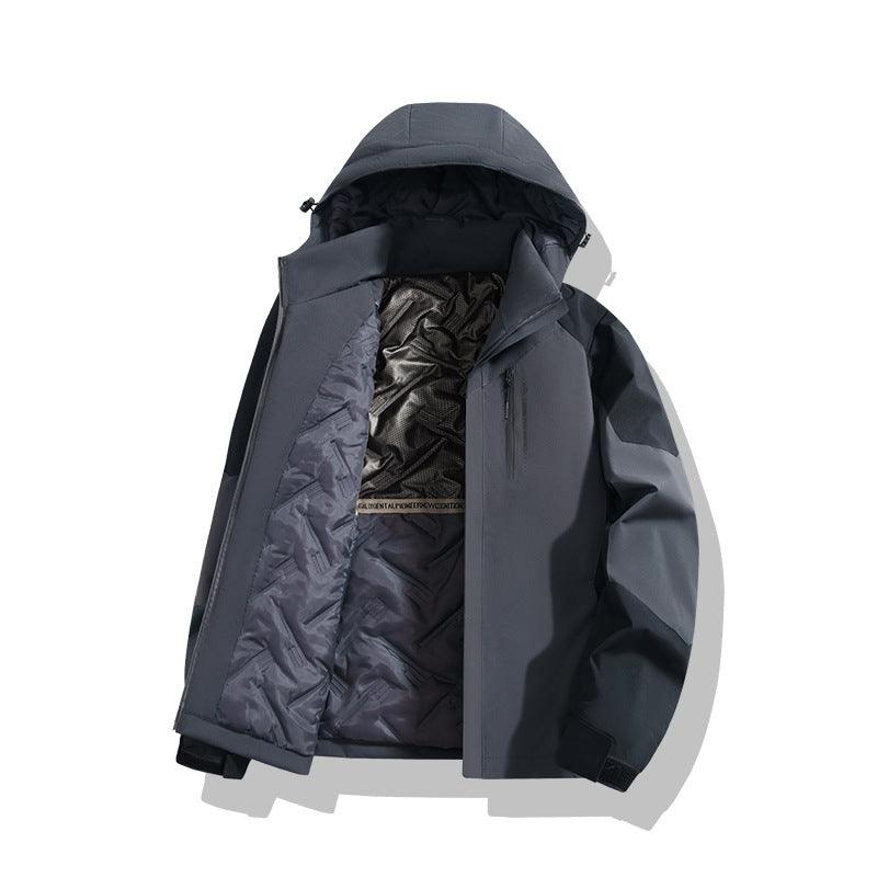 Dark gray padded coat with hood and zip front, quilted insulated lining, and elastic cuffs