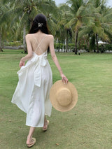 White Halter Dress With V-neck And Halter Back - WOMONA.COM