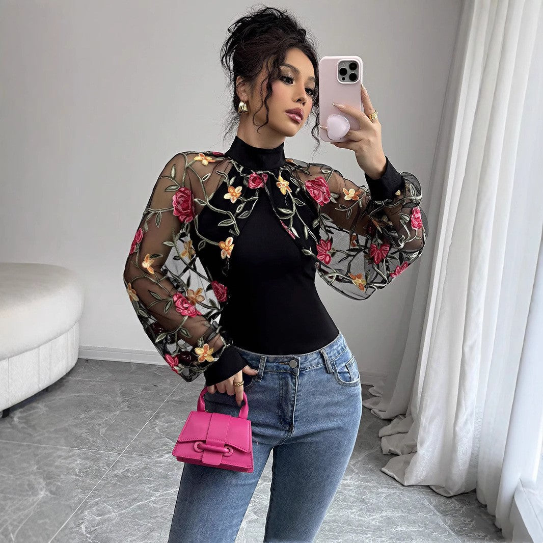 Women's Lace-Spliced Pleated T-Shirt