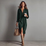 Turn-Down Collar Buttons Chic Casual Dress, Women Spring Autumn Solid Simple Party Dress, Long Sleeve Holiday Ladies Dress